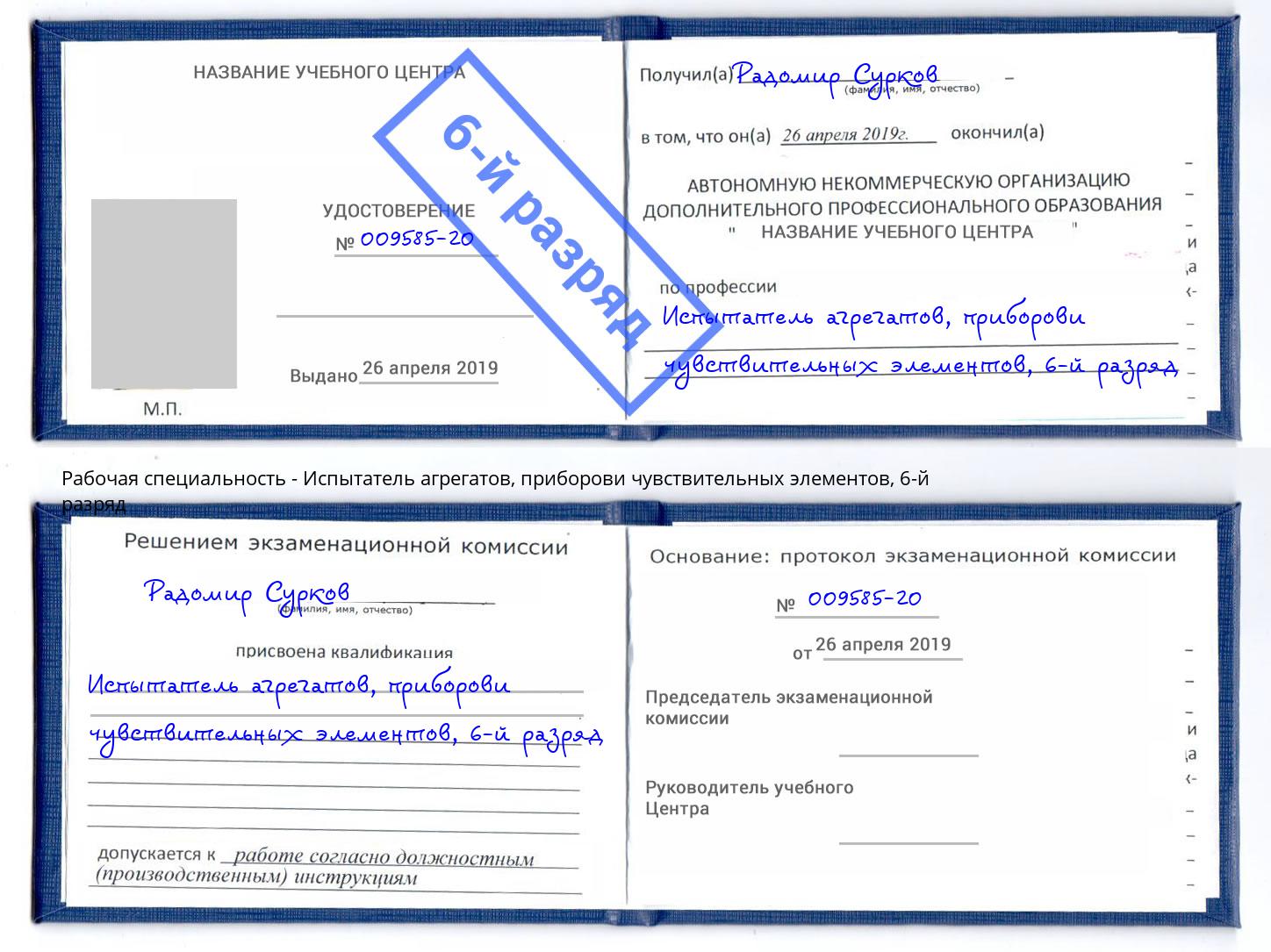 корочка 6-й разряд Испытатель агрегатов, приборови чувствительных элементов Еманжелинск