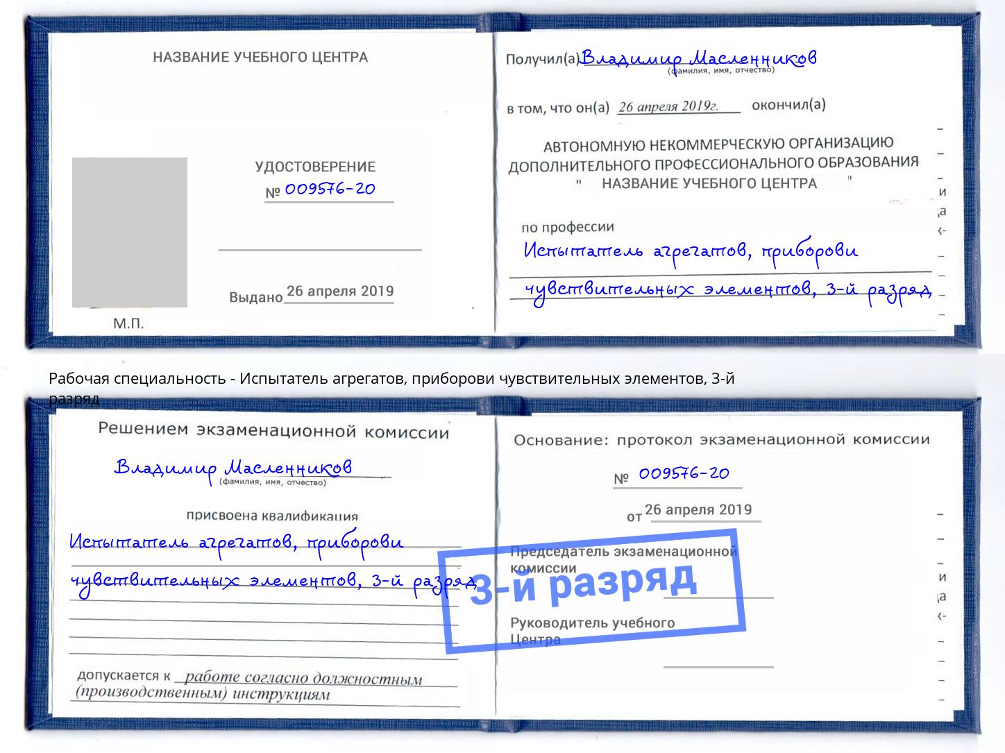 корочка 3-й разряд Испытатель агрегатов, приборови чувствительных элементов Еманжелинск