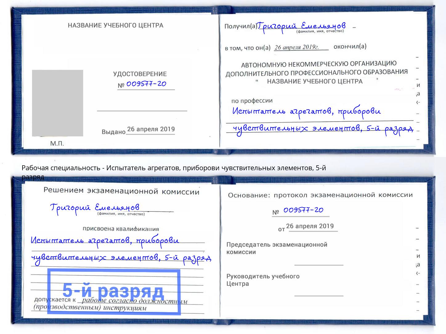 корочка 5-й разряд Испытатель агрегатов, приборови чувствительных элементов Еманжелинск
