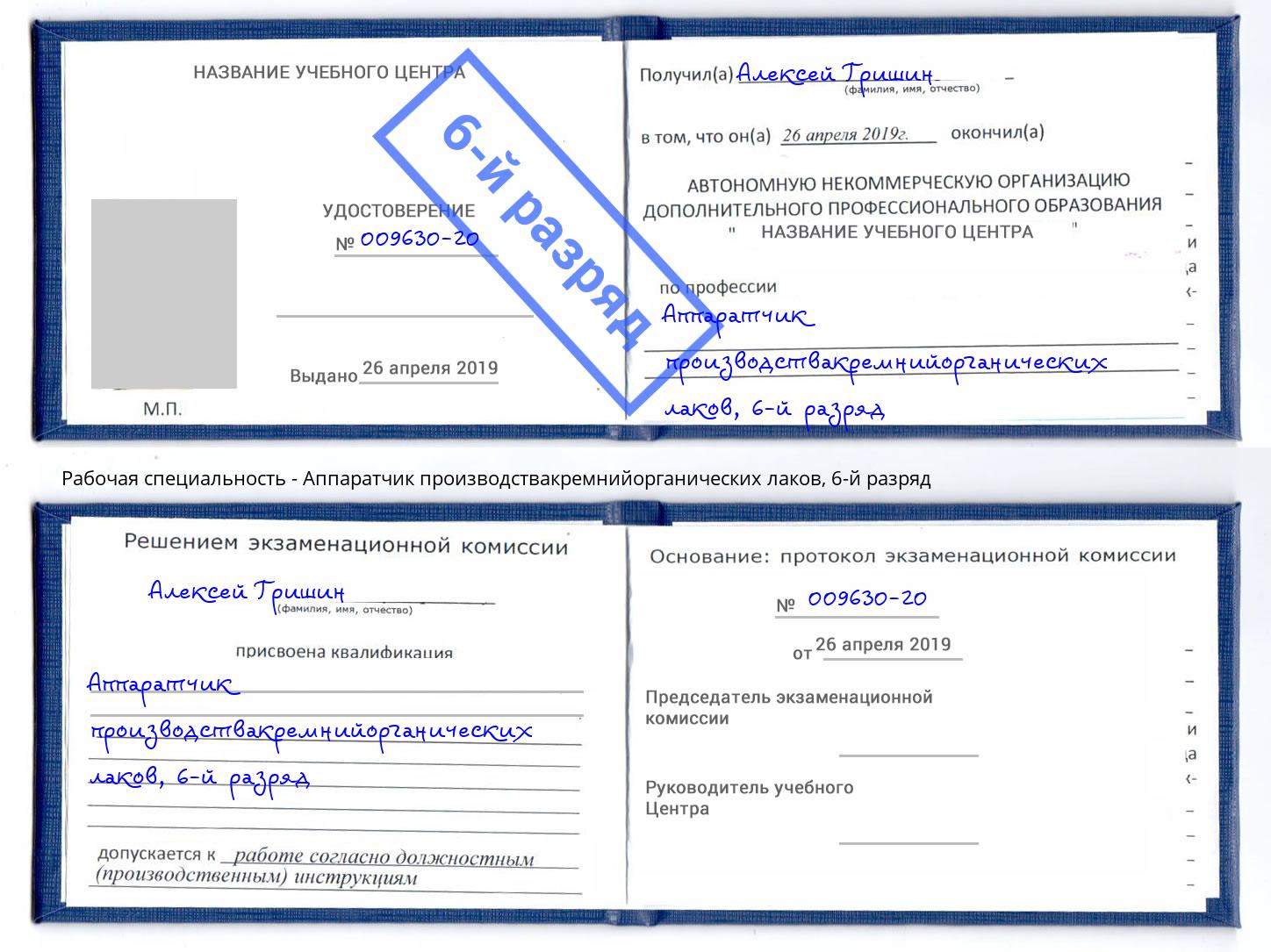 корочка 6-й разряд Аппаратчик производствакремнийорганических лаков Еманжелинск