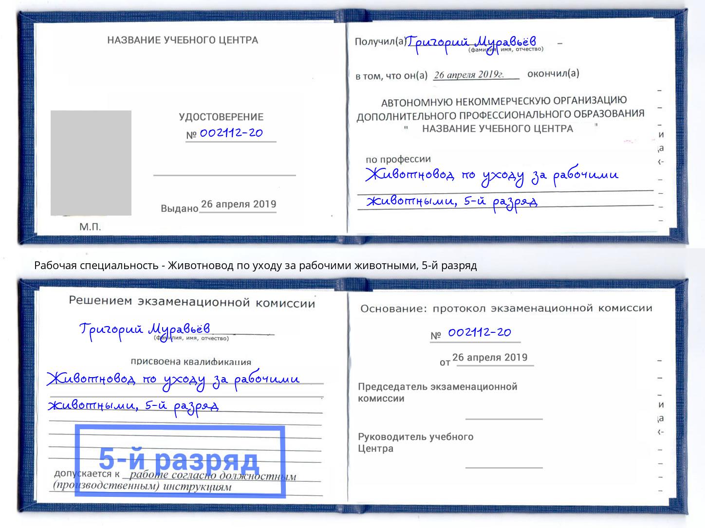 корочка 5-й разряд Животновод по уходу за рабочими животными Еманжелинск